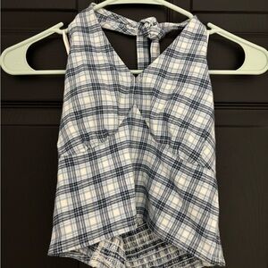 hollister halter top with plaid pattern in white, blue, and black
